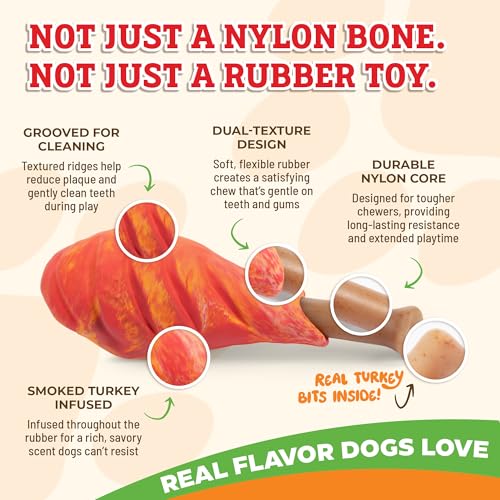 Baba Buddies 5-in-1 Turkey Leg Dog Chew Toy for Aggressive Chewers | Natural rubber & tough nylon hybrid, dental cleaning ridges, real turkey flavor. For Labrador, German Shepherd, Pit Bull