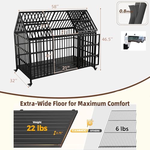 Heavy Duty Dog Crate for Large Dogs, 58 inches Extra Large Dog Kennel Indoor, Roof Dog Cage for High Anxiety Dogs - size: 58''
