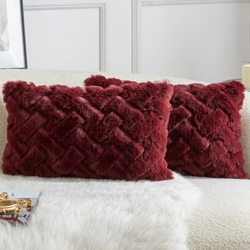 Yaertun Set of 2 Decorative Throw Pillow Covers Thick Plush Wool Throw Pillows Super Soft Luxury Faux Rabbit Fur Velvet Cushion Covers for Couch Sofa Bed Living Room 12x20 Inch Burgundy - color: Burgundy, size: 20" x 12" (Pack of 2)