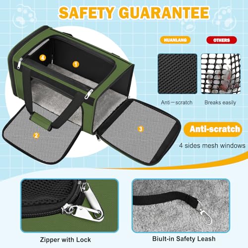 HUANLANG Large Cat Carrier Soft Sided Travel Pet Carrier Airline Approved | Dog Carriers for Small Dogs Medium Cats,Collapsible,3 Storage,zipper lock,Reflective strips,Luggage Strap, Up to 15 Lbs - color: Army Green