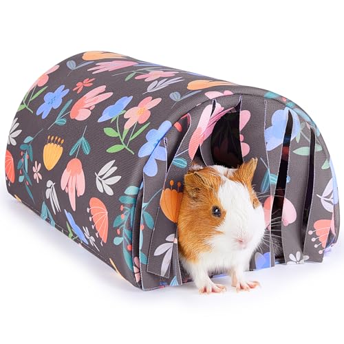 Unicorn Catcher Washable Guinea Pig Tunnel with Curtains for Small Animals | Cozy Small Pet Hideout Featuring Curtains For Privacy Ideal For Hamsters, Chinchillas And Bunnies To Rest And Play - color: Gray Flowers