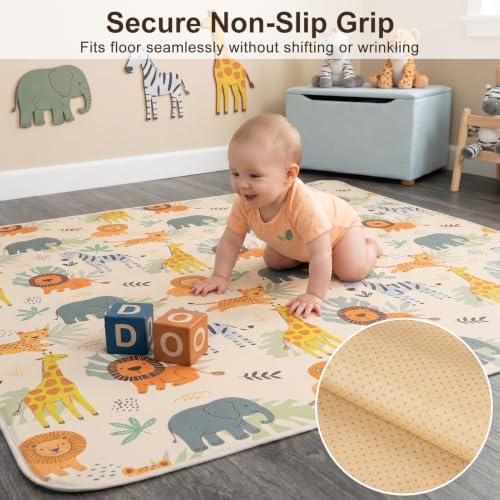 Basumee Splat Mat for Under High Chair, Waterproof & Mess-Proof Floor Mat | 46"×42" Baby Splash Mat, Non Slip Bottom, 4-Layer Fabric, Food & Liquid Catcher, Machine Wash for Boy Girl, Meals, BLW, Craft - color: Beige Savanna Animals, size: 46x42 Inches