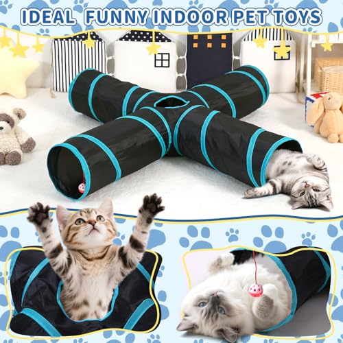 Pet Cat Tunnel, 4-Way Junction Tunnels for Indoor Cats, Collapsible Pet Tunnel for Kitten, Puppy, Rabbit, 25cm-Wide Tunnels, Durable & Breathable, with Peek Hole Toy Ball - color: 4-way Junction Tunnel & Black/Blue