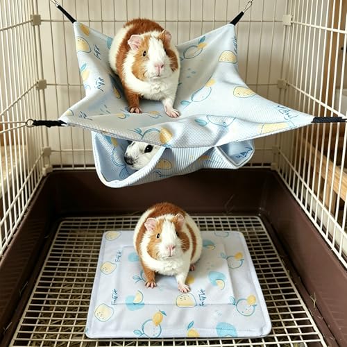 SEIS 2PCS Cooling Small Pet Hammock & Mat Set, Ice Silk Summer Cage Hanging Bed for Guinea Pig Hamster Chinchilla Rabbit, Cute Strawberry Lemon Print Breathable Pet Rest Bed (Blue) - color: Blue