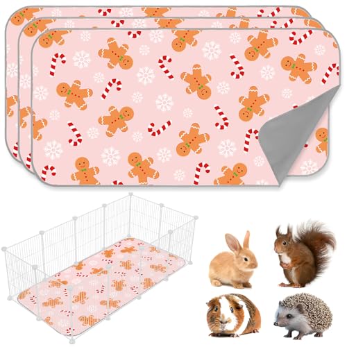 JarThenaAMCS 3 Pcs Christmas Guinea Pig Pee Pads Reusable Bunny Squirrel Mat Pink Candy Cane Gingerbread Man Washable Small Animal Cage Liner for Hamster Chinchilla Ferret Accessory, 24 x 47 in - style: pink gingerbread man