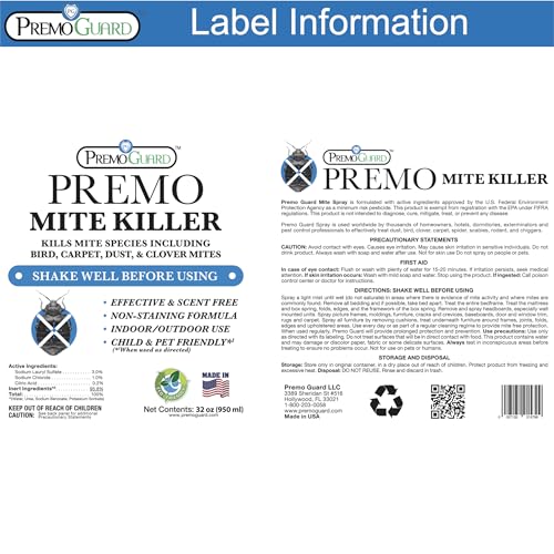 Premo Guard Natural Mite Spray, Kills Dust, Bird, Carpet, and Other Mites | Plant Based Treatment For Spider, Rat, Human Sabbies Mites, Safe For Families, Pet, Home, Bedding & Furniture - size: 32 oz