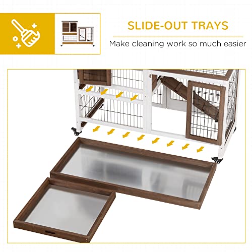 PawHut Wooden Rabbit Hutch Elevated Bunny Cage Indoor Small Animal Habitat with Enclosed Run with Wheels, Ramp, Removable Tray Ideal for Guinea Pigs, Brown | Small Animal Habitat, Enclosed Run, Wheels, Ramp, Removable Tray - color: Brown