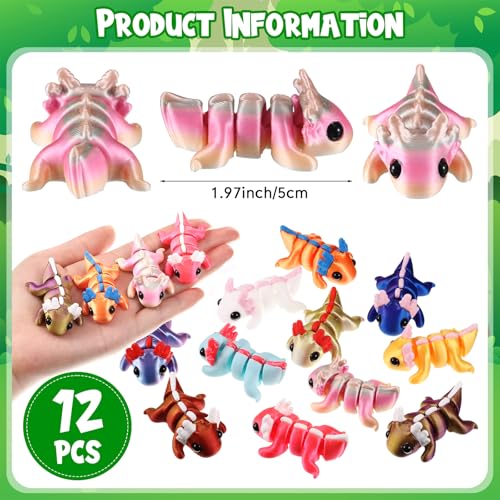 Honoson 12 Pcs 3D Printed Animals 5-7cm, Axolotl | Articulated Fidget Animals, Flexible 3D Printed Figures for Stress Relief, Cute Mini Joints for Party Favors and Display - size: 5-7cm, style: Axolotl