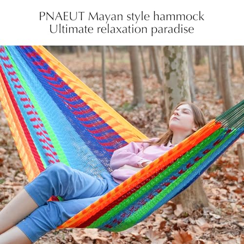Handwoven Rope Mayan Hammock for Outside, 600 lbs Capacity | 2 Person, Portable Carrying Bag, Easy-Used Tree Straps, Carabiners, Soft Fabric, for Patio (Tropical, X-Large) - color: Tropical, size: X-Large