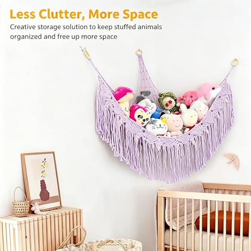 Stuffed Animal Hammock, Net for Stuffed Animals Corner Large, Toy Storage Hammock Plushie Net for Boho Kids Room Nursery Playroom - color: Purple
