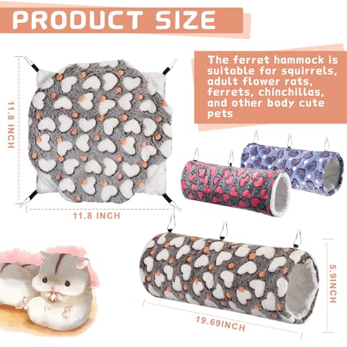 6 Pcs Rat Hammock Set Ferret Hanging Tunnel 3 Tier Guinea Pig Hammocks Hideout Soft Chinchilla Bed for Cage Accessories Hide,Play and Sleep(Cute,Heart) - color: Cute