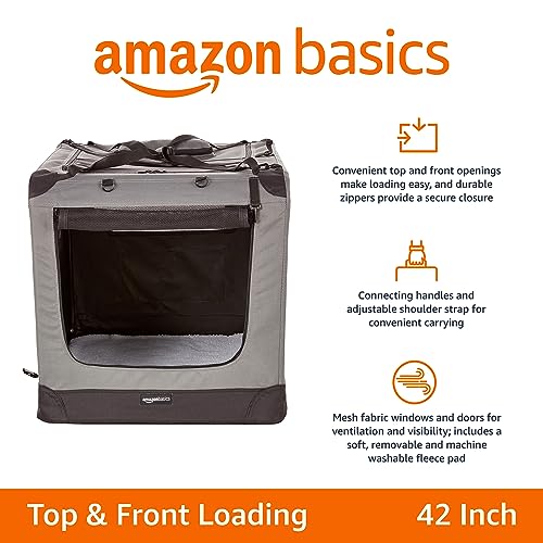 Amazon Basics Portable Foldable Soft Pet Dog Crate Carrier Kennel with Mesh Windows, Ventilation, Pockets for Large Dogs, 42 x 31 x 31 inches, Grey - color: GREY, size: 42.0"L x 31.0"W x 31.0"H