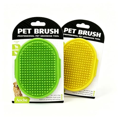 Dog Bath Brush, 2Pack Pet Grooming Brush Shedding Comb Shampoo Brush - color: Green+yellow