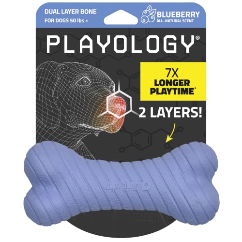 Playology Dual Layer Bone Dog Chew Toy - Jumbo, Blueberry Scent | Rubber Construction, All Natural Scent, Heavy Duty Design - size: Jumbo, style: Blueberry