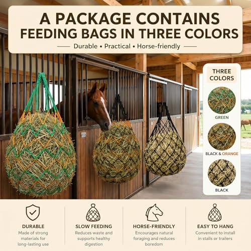 Slow Feed Hay Bags for Horses 3 Pack 2.3inch Hay Nets | For Sheep Goats, Slow Feeder for Stall & Trailer, For Sheep & Cattle, Sturdy