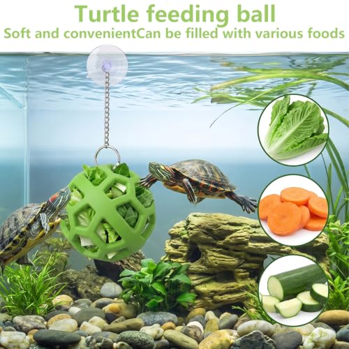 Turtle Feeder Ball Tortoise Enrichment Toys Floating Feeder Toys with Chain | Silicone Hanging Hay Feeder for Small Animals, Turtle Foraging Aquatic Tank Accessories for Pet Tortoise Bearded Dragon
