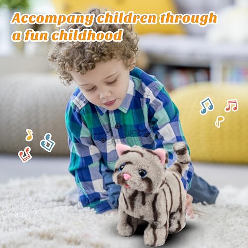Easfan Walking Kitty Cat Electric Meowing Plush Toy for Kids 9" | Interactive pet, tail wagging head nodding, animated kitten pet, birthday holiday gift, for toddlers - style: Grey Cat
