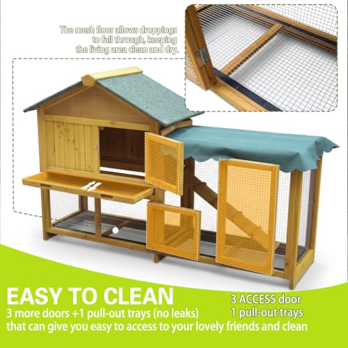 Outdoor Rabbit Hutch, Wooden Rabbit House, Equipped with Rainproof roof, Removable Pull-Out Tray and ramp. Made of Solid Wood, Suitable for Rabbits, Chickens and Ducks.Rabbit cage