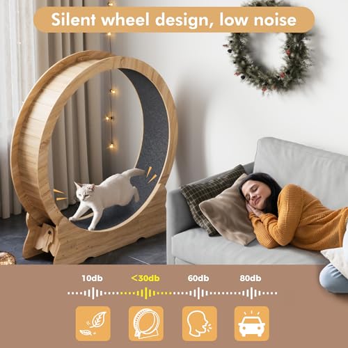 Mondeer 46'' Cat Wheel with Carpet Track and Teaser, Natural Wood | Cat Exercise Wheel, 46'' XL Treadmill with Carpeted Runway, Removable Carpet and Teaser, for Indoor Cats Running and Walking. - color: Natural Wood, size: 43.3