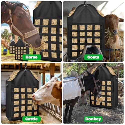 Loyala Hay Bag Goat Hay Feeder Slow Feed Hay Bags 600D Oxford Cloth Hay Bags for Horses Goats Sheep Donkeys Cows (Black Grid