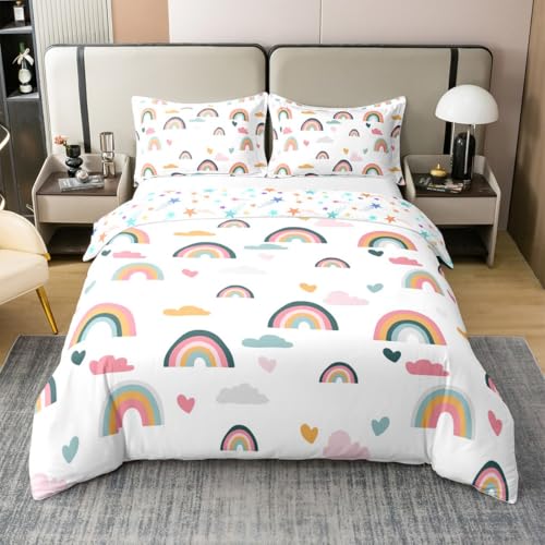 Erosebridal 100% Cotton Kids Rainbow Bedding Set, Girly Love Heart Comforter Cover King Size Cartoon Rainbow Cloud Duvet Cover for Girls Boys Women Bedroom Decor, Soft Bedding 3 Pieces,Colorful - color: Multi 01, size: King (No Comforter)