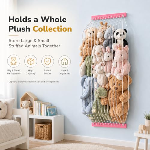 Stuffed Animal Storage Wooden Soft Toy Storage for Kids Room，Wall Mount Door Hanging Stuffed Animal Toy Organizer Shelf for Nursery Play Room Pink -Patent - color: Pink Board+white Rope