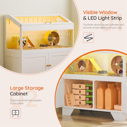 HOOBRO Large Hamster Cage, Acrylic Hamster Habitat with Storage Cabinet and Led Light Strip, Big Hamster Enclosure with Flip-Top Lid, Easy to Clean, 39.4" x 18.9" x 42.5", White WT01AC03G1