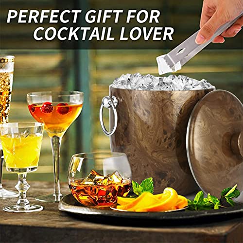 Ice Bucket with Lid, Scoop, Tongs and Strainer - Well Made Insulated Stainless Steel Keep Ice Frozen Longer - Ideal for Cocktail Bar, Parties, Chilling Wine, Champagne - 3 Liter (Teakwood) - color: Teakwood