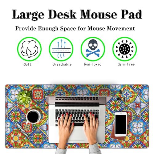 Extra Large Mouse Pads Gold Pad for Mouse Gaming Mousepad Computer Mat Large Mouse Mat Non-Slip Rubber Base 35.4 X 15.7 for Game Office, Mexican Talavera Ceramic Tile Pattern - color: Ceramic Tile Pattern