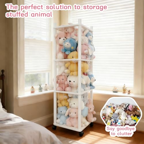 Stuffed Animal Zoo Storage with Lockable Wheels, White | Sturdy Solid Wood Toy Organizer, Large Capacity Plush Toy Cage, Space-Saving for Toddler/Playrooms/Bedrooms - color: White