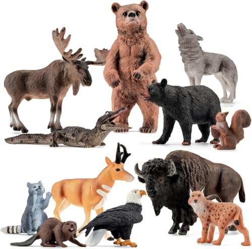 12PCS Solid North American Woodland Forest Animal Figurines Set | Realistic Wildlife Animal Toys, Educational Learning Playset, Birthday Party Favor Cake Topper Gifts for Toddlers Kids 3-13