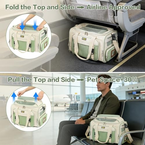 Airline Approved Travel Soft Carrier for Small cat/Dog/pet | Collapsible with Expandable Top and Sides. Kitten Mesh Puppy Carry Bag,18x11x11Delta/ United/American Airlines - color: beige