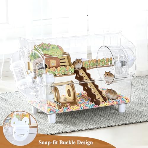 Acrylic Hamster Cage 2-Layer Dwarf Hamster Cages and Habitats Clear Syrian Hamster House with 360° Transparent Viewing, Running Wheel & Hideout, 23.2''L*9.2''W*12.8''H
