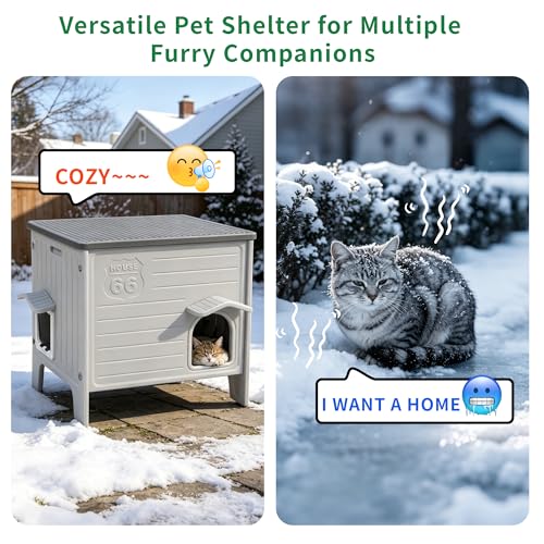 Rockever Cat House with Escape Door, Easy Clean Elevated Waterproof Shelter | Outdoor indoor breathable comfortable cat home, all-season refuge shelter for feral cats, with Heated Pad, Grey M - style: Medium