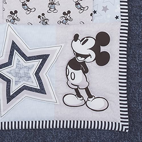 Disney Mickey Mouse Timeless Mickey Gray, White, & Blue Stars & Icons 3Piece Nursery Mini Crib Bedding Set - Comforter & Two Fitted Mini Crib Sheets, Navy, Grey, Black, White