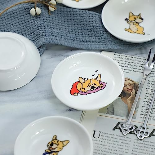 Super Cute Cartoon Animal Pattern Ceramic Sauce/Seasoning/Sushi Soy Dipping Bowl/Appetizer Plates/Serving Dish for Kitchen Home (Set of 6) - Corgi - color: Sporting Corgi
