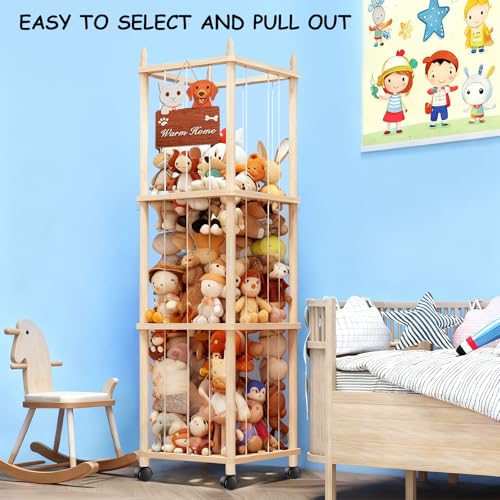 Large Stuffed Animal Storage with Cat & Dog Design, Wooden Stuffed Animal Zoo, Rolling Stuffed Animal Holder, Toy Storage Cage, Plushies Storage for Playroom Bedroom