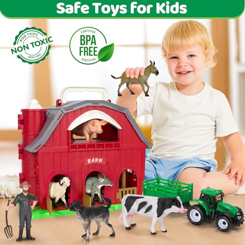 Ellinjan Farm Animals Toys for Toddlers Girls Boys, Big Red Barn Farm with Figures Animals and Tractor Toy for Kids 2 3 4 5, Farm Playset Educational Learning Toys, Ideal Christmas Birthday Gifts