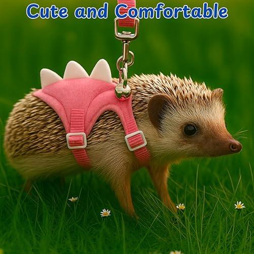 Hedgehog Leash and Harness Clothes Accessories, Adjustable Leash and Harness with Safe Bell, Dinosaur Shaped Outfit, Hamster Clothes For Ferret Hamster, Hedgehog Accessories, Guinea Pig Outfits (Pink) - color: Pink