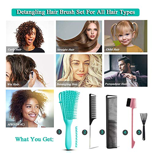 5 Pcs Detangling Hair Brush Set, Ez Detangler Brush With Edge Brush, Rat Tail Combs for Black Natural Hair Styling and Cuting, Curly/Straight/Wet/Dry/long/Short Hair Available for Women Kids Men - color: 5 Pieces (Hair Brush Set)