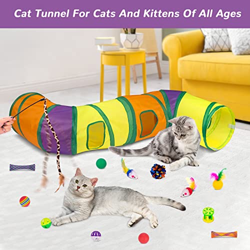 Retro Shaw 33PCS Interactive Cat Toys, Cat Play Tunnels for Indoor Cats | Collapsible, Relieves Boredom & Anxiety, Kitten Feather Wand Springs Crinkle Balls Bell Plush Mice Chew Kicker - color: Large cat tunnel toy set