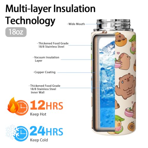 Capybara Water Bottle 18oz Cute Thermoses Gifts Stuff for Kids Girls Women | Vacuum Insulated，Stainless Steel，Leak-proof， - color: Cute capybara, size: 18 Ounces