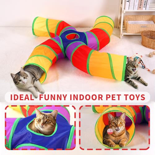 Pet Cat Tunnel, 4 Way Tunnels for Indoor Cats, Collapsible Pet Tunnel for Kitten, Puppy, Rabbit, 25cm-Wide Tunnels, Durable & Breathable, with Peek Hole Toy Ball - color: Angled 4-way Junction Tunnel & Rainbow