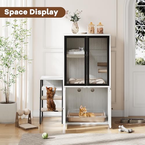 TrailBlaze Litter Box Enclosure with Platform, Double Layer Hidden Furniture, Modern Villa Cat Cabinet with Ladder, Hammock & Metal Mesh Door, Indoor Washroom Cat House-White - color: Retro White