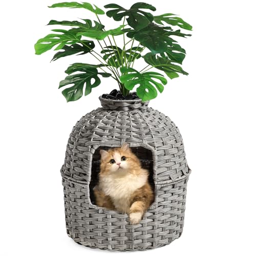 SETVSON Cat Litter Box Plant Enclosure, Hidden PE Rattan Litter Box, Gray | Decorative Planter Design, Handwoven Washable PE Rattan, Removable Top with Artificial Plant & Stones Included, Easy Cleaning - color: Grey
