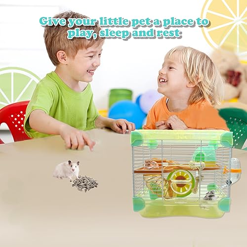 2 Layers Hamster Cage with Tubes Mouse Cage with Accessories Water Bottle Food Dish Transparent Hamster Habitat with Exercise Wheel for Hamster Guinea Pig Gerbil (10.9" x 8.1" x 9.8" Yellow) - color: 【Yellow】