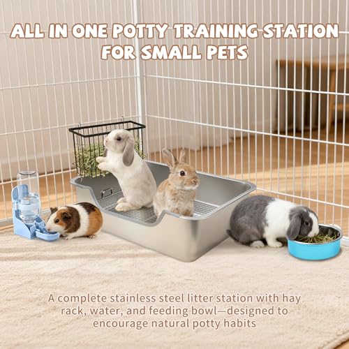 BWOGUE Large Stainless Steel Rabbit Litter Box, High-Sided Bunny Litter Box | Extra Large Rabbit Litter Box, Raised Grid for Waste Separation, Hay Feeder, Easy-Clean Metal Tray, Small Animals - size: XL:23.6in ×15.7in × 5.9inches