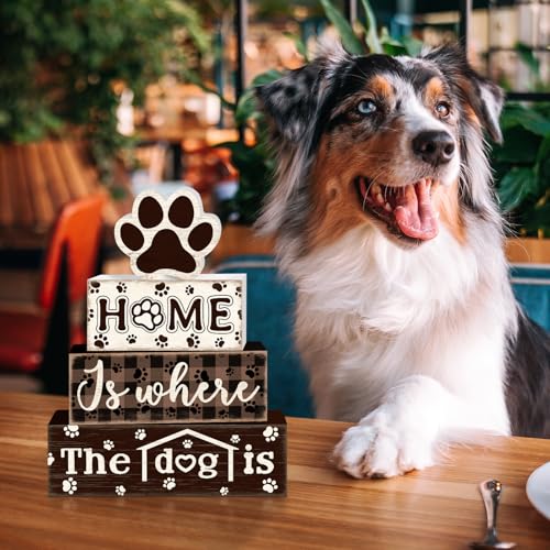 Tiered Tray Decor Set, 4 Pcs, Wooden, for Home Kitchen, Dog Paw | Rustic Distressed, Farmhouse Rustic Summer Coffee Table Centerpieces Office Decorations - style: Dog Paw