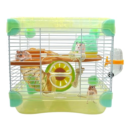 2 Layers Hamster Cage with Tubes Mouse Cage with Accessories Water Bottle Food Dish Transparent Hamster Habitat with Exercise Wheel for Hamster Guinea Pig Gerbil (10.9" x 8.1" x 9.8" Yellow) - color: 【Yellow】