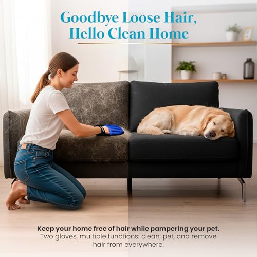 Cat Grooming Kit for Shedding – Deshedding Gloves + Self-Cleaning Mitt | Pet hair remover set for shedding - brush gloves for cats & dogs with long or medium coats, self-cleaning mitt